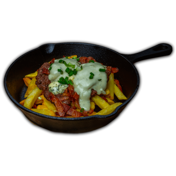 Bed of French fries, topped with beef, cream of blue cheese and bacon, served at Big Boys’ Burger Club in Kamala, Patong and Rawai Beach