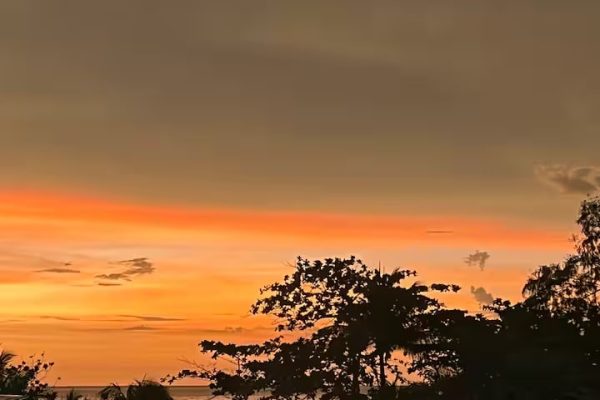 Sunset view over Patong Beach from balcony at superior double with balcony and sea view — vibrant sky with silhouettes of trees and calm waves.